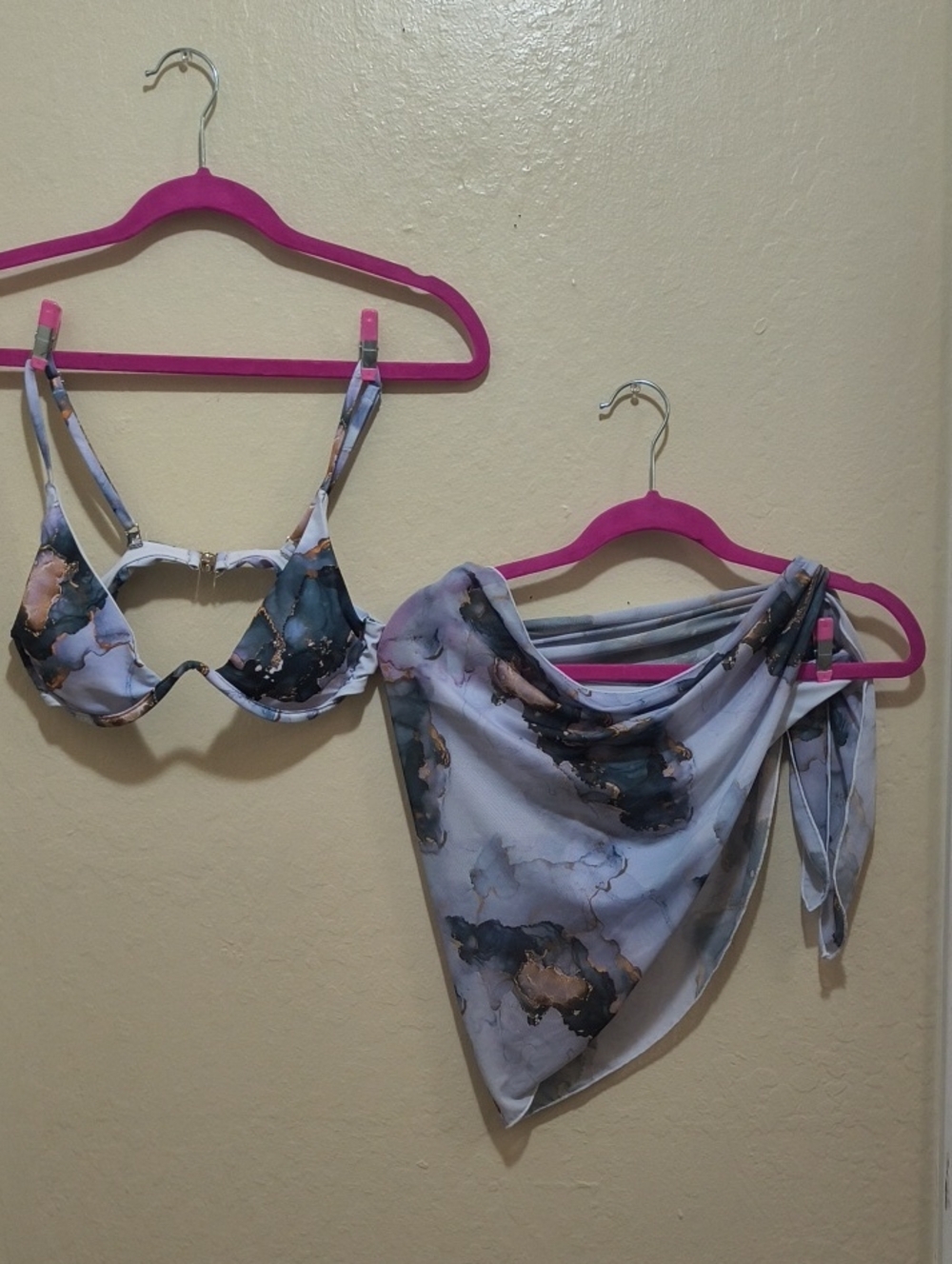 Marbled Print Bikini Top and Cover-Up 3 Part Set in Purple and Black